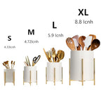 Gold Pencil Cup Sturdy Metal Frame With White Ceramic Pen Holder For Desks and kitchen Appliance Holders - color: White gold, size: H 4.8''