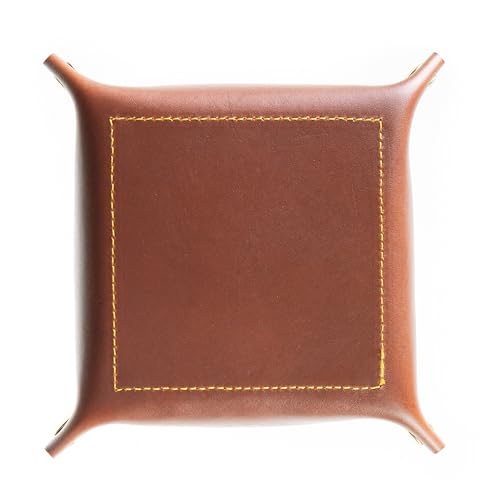 USA Handmade Premium Leather Valet Tray, Folds Flat! Dice Rolling Basket and Organizer with Brass Snaps (Chestnut Gold, Medium) - color: Chestnut Gold, size: 5" x 5" x 2"
