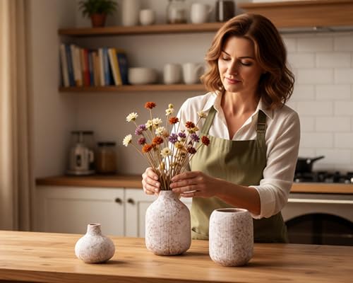 Modern Ceramic Vases Set 3, Stone Style Ribbed Vases Decorative for Table Shelf Decor Bookshelf Decoration - color: 15 Floral