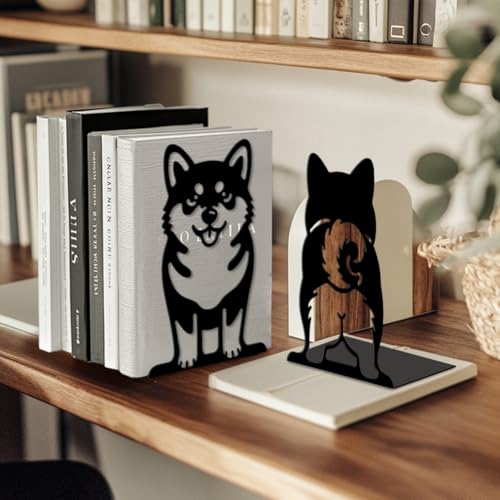Peacoblue Metal Bookends for Shelves, Modern Decorative Heavy Duty Study Book Ends Stoppers for Office, Desk, Shelf, Room 5.3"x4.3"x7.9" Cast Iron Simple Tall Bookends 1 Pair (Cute Shiba Inu) - style: Cute Shiba Inu