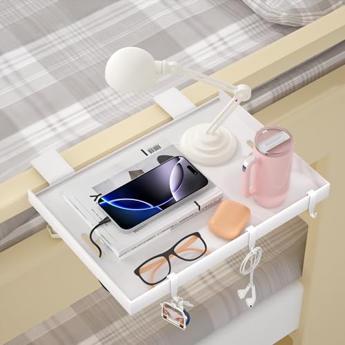 Foldable Bedside Shelf, Metal Clip-On Bed Tray Table for Bunk Bed & Dorm Beds, Dorm Room Essentials Organizer for College Students, Floating Tray, Space Saving Nightstand for Loft Beds (White, Small) - color: White, size: Small