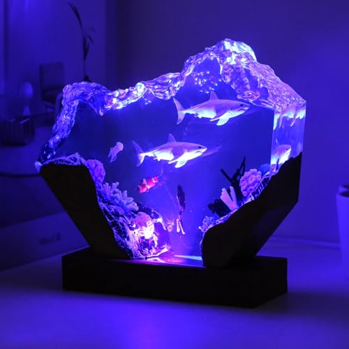 Handmade 3D Ocean Resin Lamp - USB Powered Resin Ocean Night Light with Wooden Base, Variable Lights, Scuba Diver Gifts, Diving Enthusiast Collectibles, Unique Thanksgiving Day and Christmas Gifts - color: Scuba Diver-2, size: L