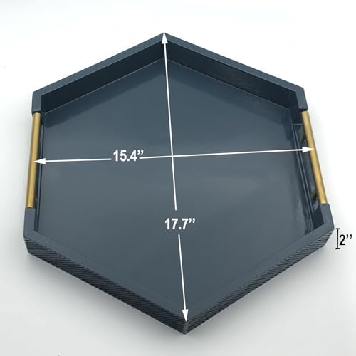 Serving Tray with Polished Metal Handles, Hexagon Coffee Table Tray, Modern Rectangle Decorative Tray, Large Ottoman Tray, Perfect for Storage and Display (Blue Hexagon) - color: Blue Hexagon