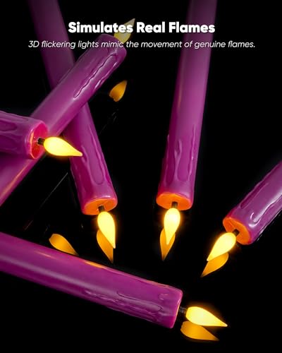Homemory 6 Pcs Real Wax Purple Flameless Taper Candles with Remote Timer, 9.6 Inches LED Fake Candlesticks, LED Candle with 3D Flickering Flame for Romantic Wedding, Dinner, Xmas Anniversary Decor - style: Mysterious - Purple 9.6"