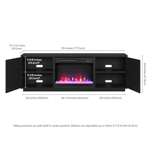 Henn&Hart Fluted TV Stand for TVs up to 75" with 26" Electric Crystal Rocks Fireplace and Ribbed Side Storage Cabinets for Living Room, Family Room, or Office, Natural Black - color: Natural Black, size: 70" TV Stand with Fireplace