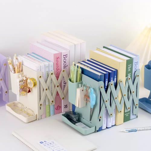 Adjustable Metal Bookends Heavy Duty for Shelves, 2 Dividers, Side Organzier, Anti-Slip Design Expandable Book Ends for Desk, Office(White, 18 inches Max)