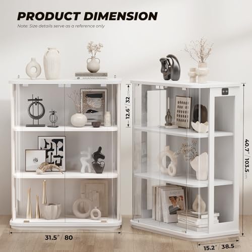 BROTTAR Rounded Display Cabinet with Glass Door, 3-Tier Curio Cabinet with 3 Color Lights for Collectibles, Glass Display Case with Transparent Full-Display Surface, Human Body Sensor, White - color: White