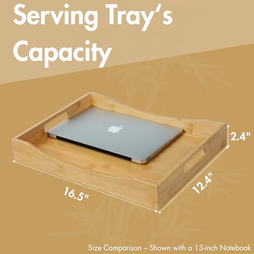 Gobam Bamboo Serving Tray with Handles (16.5-Inch), Solid Decorative Wood Tray for Ottoman Coffee Table, Natural Rectangle Breakfast in Bed Tray for Eating, Food and Drinks Platter - color: Natural, size: 16.5" x 12.4" x 2.4"