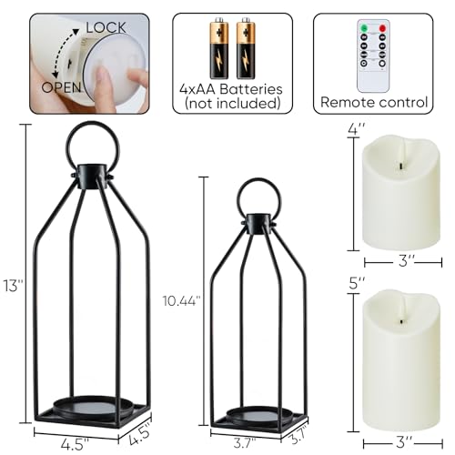 Homemory Modern Farmhouse Lantern Decor with Waterproof Flameless Candle & Remote Timer, 2PCS Black Metal Candle Lantern Decorative for Outdoor Indoor Home Living Room Patio Porch Table - color: Black