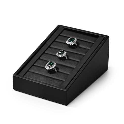 Oirlv Premium PU Leather Ring Tray Display Stand Slotted Ring Showcase Display Jewelry Organizer Jewelry Holder for Trade Show(Black) - color: Leather black