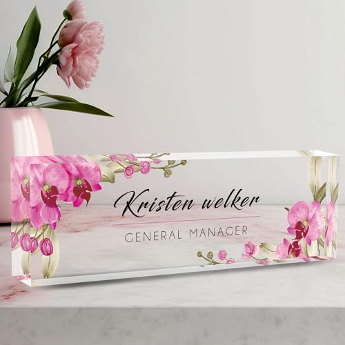 Custom Desk Name Plate Personalized, Acrylic Name Plate for Desk, Office Desk Decor for Women and Men, Employee Appreciation Gifts Office Gifts for Boss, Manager, Teacher, Nurse (Butterfly Orchid) - color: Butterfly Orchid