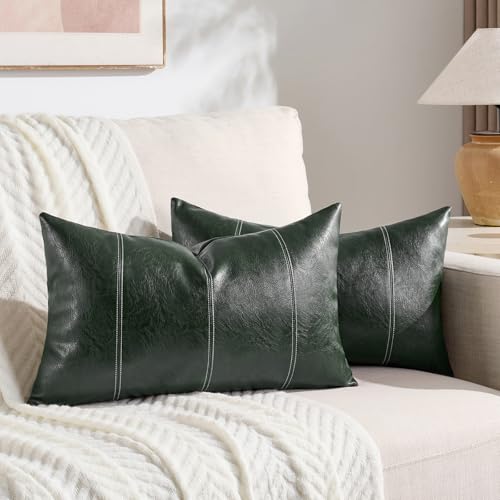 Fancy Homi 2 Packs Dark Green Lumbar Faux Leather Decorative Throw Pillow Covers 12x20 Inch for Outdoor Couch Bed, Modern Farmhouse Boho Home Decor, Olive Green Hand Stitched Cushion Case 30x50 cm - color: Dark Green, size: 20" x 12" (Pack of 2)