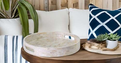 PEMAR 12.6” Mother of Pearl Round Serving Tray with Handles, Decorative Nacred Wooden Ottoman Coffee Table Tray (White Tiles) - color: White