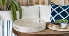 PEMAR 12.6” Mother of Pearl Round Serving Tray with Handles, Decorative Nacred Wooden Ottoman Coffee Table Tray (White Tiles) - color: White