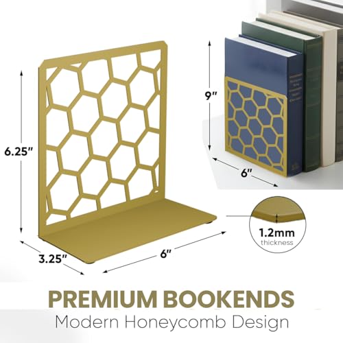 GEOMOD Geometric Honeycomb Gold Metal Bookends Decorative - Tall Sturdy Book Ends for Shelves - Modern Heavy Duty Bookend Stopper - Office or Home Book Shelf Book Holder - 6x3.25x6.25 Inches - 1 Pair - color: Gold, size: 1 Pair, style: Honeycomb