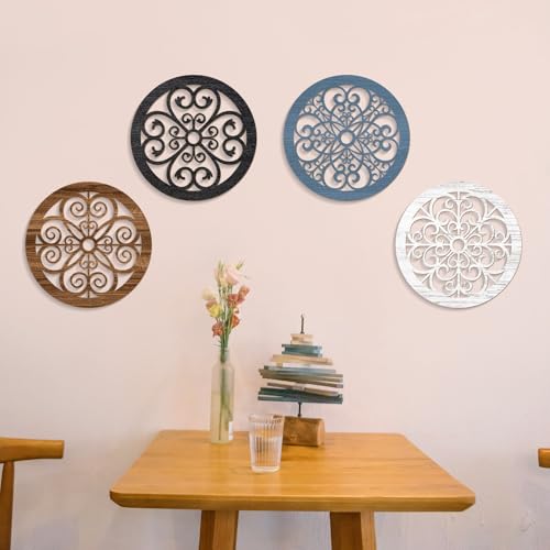 Zzbakress 4 Pieces Farmhouse Wall Decor Rustic Circle Wall Decor Wooden Hollow Carved Round Wall Art for Living Room Bedroom Kitchen Bathroom Home Wall Decoration (Delicate, Colorful) - color: Delicate, Colorful