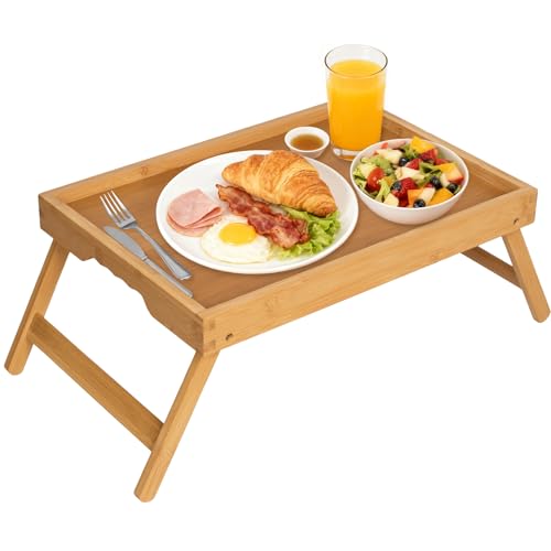 Artmeer Bed Tray Table with Folding Legs,Bamboo Breakfast in Bed for TV Table, Laptop Computer Tray,Eating,Snack Tray(Bamboo) Large Size - color: Bamboo, size: Large