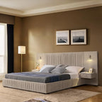 Luxury Queen Size Bed Frame with Oversized Upholstered Headboard, Modern Chenille Upholstered Platform Bed Frame with Gold LED Lights, Nightstands, No Box Spring Needed, Beige - color: Beige, size: Queen