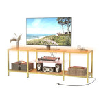 HOOBRO TV Stand with LED Lights and Power Outlets for TVs up to 75", Modern 63 Inch Tempered Glass TV Console Table with Open Shelves, Media Entertainment Center for Living Room, Gold GD165UDS01 - size: 63 Inch