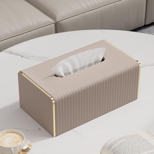 Tissue Box Cover,Beige Rectangle Leather Tissue Box Holders with Gold-Tone Edging Accents,Decorative Tissue Covers for Bathroom Toilet Bedroom Living Room Table Desk Office Car - color: Beige, size: Rectangle Standard