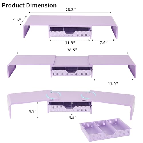 LEKETREE Dual Monitor Stand Riser with Drawer, Desk Organizer and Accessories, Metal Laptop Stand for Desk, Workspace Desktop Stand for Computer, Laptop, TV and More (Purple) - color: Purple