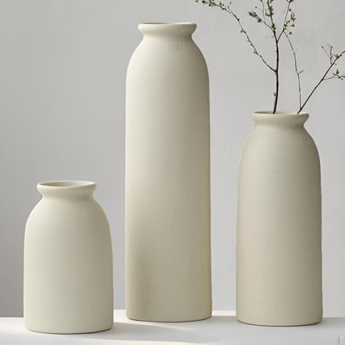 10.4 inches Tall Decorative Ceramic Vase Set, 3 Pieces, Nordic Modern Boho Style, White, for Home Decor (Beige) - color: Beige