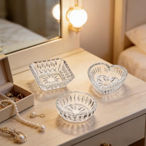 Set of 3 Clear Jewelry Dish Tray for Women Crystal Ring Holder for Wedding Engagement Birthday Mother's Day(Round, Square, Heart)