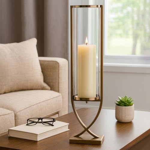 Contemporary Metal and Glass Hurricane Candle Holder - Decorative Pillar Candlestick Holder for Table Centerpiece - Elegant Home Decor Accents for Any Special Occasion Decoration - 31" Gold - color: Gold, size: 31"