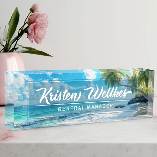 Custom Name Plate Personalized, Acrylic Desk Plate, Office Decor for Women and Men, Employee Appreciation Gifts for Boss, Manager, Teacher, Nurse - color: Beach Coconut Trees