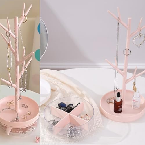 Branch Jewelry Display Stand with Rotatable Base and Storage Box, Small Earring Necklace Tree Tower Rack Holder, Hair Tie Holder Hanging Organizer for Ring Bangles Bracelet Watch (Pink)