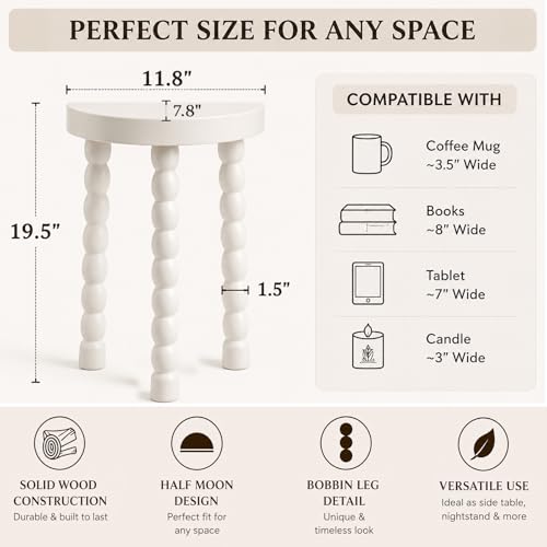 LitaEther Bobbin Side Table, Solid Wood Half Moon End Table, Small Wooden Accent Table with Chunky Turned Legs, Plant Stand for Living Room Bedroom Entryway, Modern Farmhouse Bedside Table, White - color: White