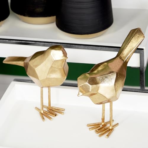 CosmoLiving by Cosmopolitan Polystone Bird Decorative Sculpture Home Decor Statues with Origami Accents, Set of 2 Accent Figurines 7", 8"H, Gold