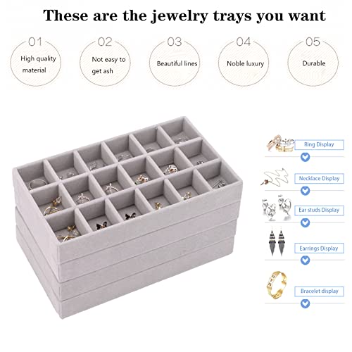 Stackable Jewelry Organizer Trays for Drawer, Set of 4 Velvet Jewelry Drawer Inserts in Dresser, 8in Storage Display Case for Rings Stud Necklaces Accessories(Grey) - color: Grey