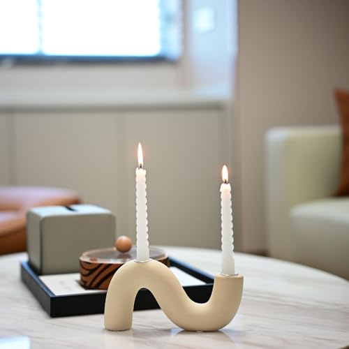 Ceramic Candle Holder, Modern Taper Candlestick Holder for Dining Table, Living Room Coffee Table, Candelabra for 2 Taper Candles - color: Cream
