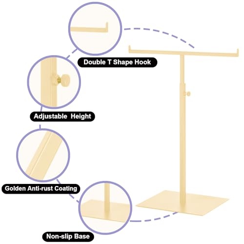 Purse Display Stand T Shaped, Countertop Jewelry/Scarf/Handbag T-Bar Display Stand, Tabletop Double Hook Hanging Stands for Long Necklaces, Metal with Adjustable Height - Gloden - color: Golden