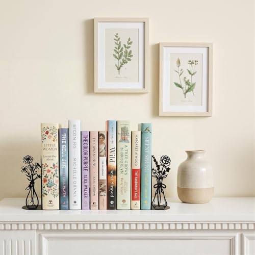 Flower Metal Bookends Decorative Book Ends for Shelves, Cute Book Ends for Home Office Decor Decorative Flower Vase Book Ends for Heavy Books, Book Stopper Ideal Gift for Mother's Day - color: Black Flower