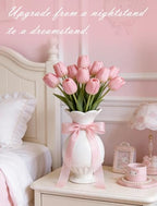 Cute Bow Scalloped White Flower Vase, Light Pink Bow Themed Coquette Girly Room Bedroom Decor, Cutecore Kawaii Princess Clean Girl Stockholm Room Bedroom Decor for Girls