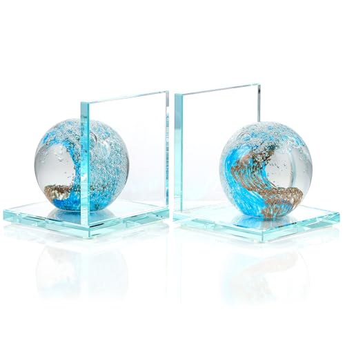 Book Ends for Shelves, Glass Bookends with Light Blue Glass Hand Blown Sea Wave Ball, Non Skid Sturdy Decorative Bookends for Ocean Lovers, Heavy Books, Office, Set of 2 - color: Light Blue