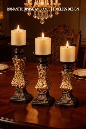 Ornate Resin Pillar Candle Holders Set of 3 Baroque Gothic Decorative Candlesticks in Black & Gold (8", 10", 12") for Home Decor, Weddings & Centerpieces
