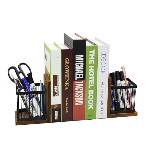 Owlgift Rustic Burnt Wood Decorative Bookends for Heavy Books with Matte Black Metal Wire Basket Pencil Holder and Office Supplies Storage Baskets Bins for Home, Office, Classroom, Dorm Room