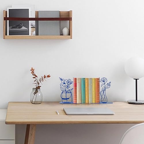 Flower Vase Bookends, Metal Decorative BookEnds for Shelves Cute Book Ends for Office Home Decor, Ideal Gift for Book Lovers (Blue) - color: Blue