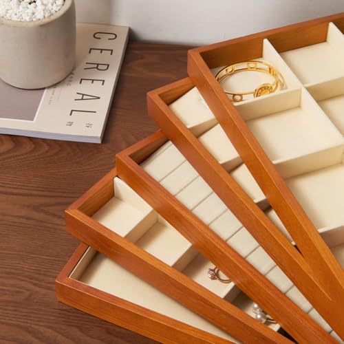 Oirlv 24 Grid Wood Jewelry Tray Microfiber Interior Jewelry Drawer Organizer Showcase Display Box Ring Earrings Holder - color: Creamy-white 24 grid tray