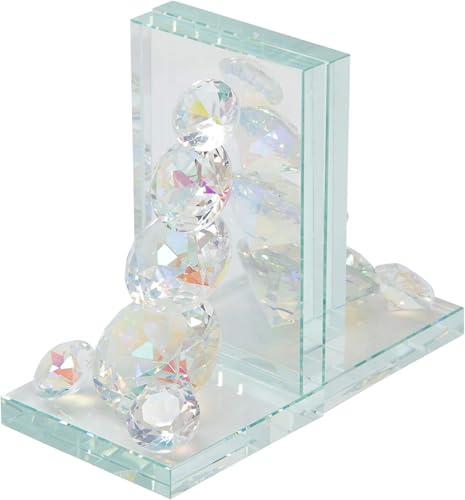 Set of 2 Crystal Diamonds Decorative Bookends – Heavy Duty Modern Shelf Decor Accents with Elegant Geometric Design – Glass Office & Home Decor – 7", Clear & Frosted