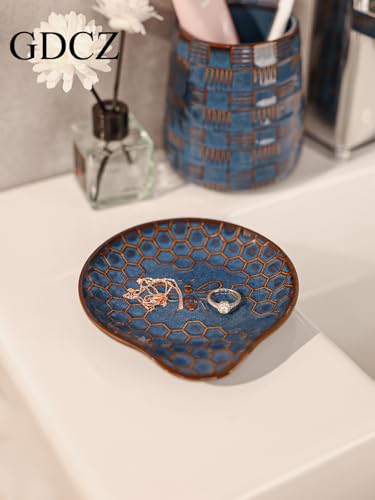 GDCZ Ceramic Jewelry Tray Set of 2, Personalized Trinket Dish with Pattern, Ring Dish, for Rings Earrings Necklaces Bracelet Watch Keys, Perfect for Gifts for Women (Blue) - color: Blue
