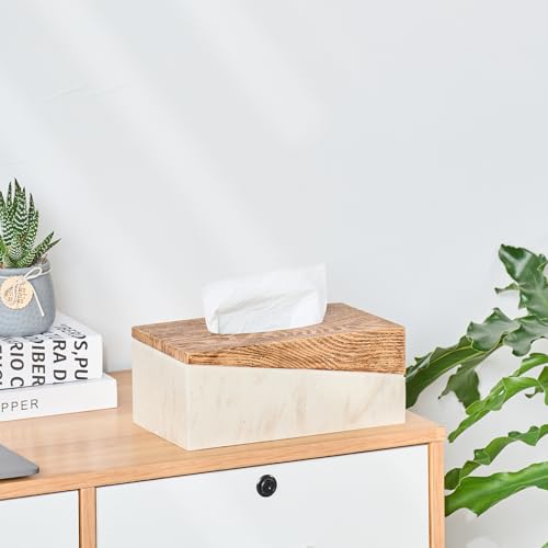Rectangular Natural Travertine and Rustic Wood Textures Tissue Box Cover for Bathroom,Livingroom,Bedroom, Hand-Made Resin Wood Inlaid Travertine Tissue Box Holder,10 x 5.7 x 4.5 in - color: C-brown&beige