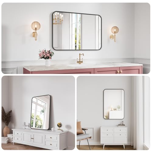 Koonmi Bathroom Mirror, 26X38 Brushed Black Rectangle Wall Mirror, HD Tempered Glass, Anti-Rust Frame Vanity Mirror, Rounded Rectangle Mirror for Restroom, Bedroom, Hangs Horizontal or Vertical - color: Rounded Edged, size: 38"L x 26"W