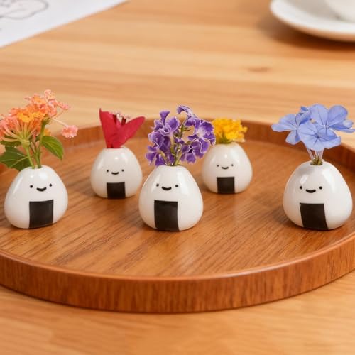 Tnstbiee 5 PCS Mini Onigiri Flower Vase Set - Cute Japanese Handmade Bud Vases Bulk for Dried Flowers, Small Centerpiece Vase for Coffee Table Living Room Home Decor, Unique Japandi Tiny Ceramic Vases