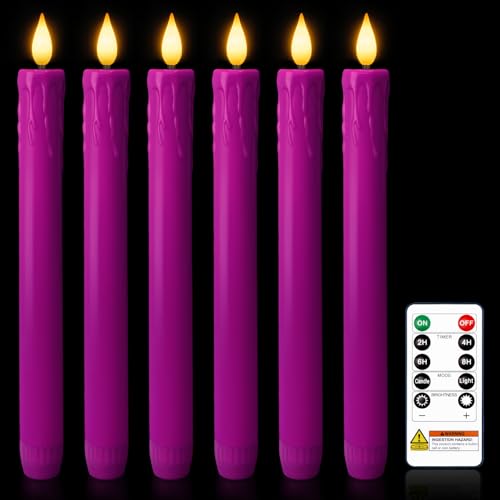 Homemory 6 Pcs Real Wax Purple Flameless Taper Candles with Remote Timer, 9.6 Inches LED Fake Candlesticks, LED Candle with 3D Flickering Flame for Romantic Wedding, Dinner, Xmas Anniversary Decor - style: Mysterious - Purple 9.6"