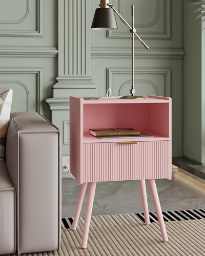 Veegle Nightstand,Modern Bedside Table with Storage Drawer and Open Wood Shelf, Accent Night Stand with Solid Wood Legs for Living Room, Bedroom and Small Spaces,Easy Assembly (Pink-Outlet) - color: Pink-outlet