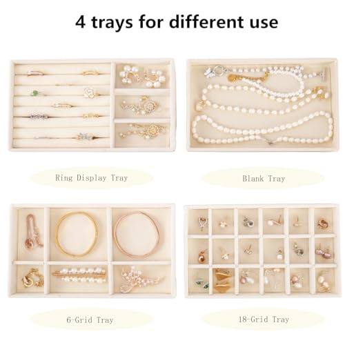 Stackable Jewelry Organizer Trays for Drawer, Set of 4 Velvet Jewelry Drawer Inserts in Dresser, 8in Storage Display Case for Rings Stud Necklaces Accessories(Beige) - color: Beige